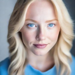 A headshot of a person with blonde hair and blue eyes