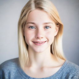 A headshot of a blonde teenager with a friendly expression