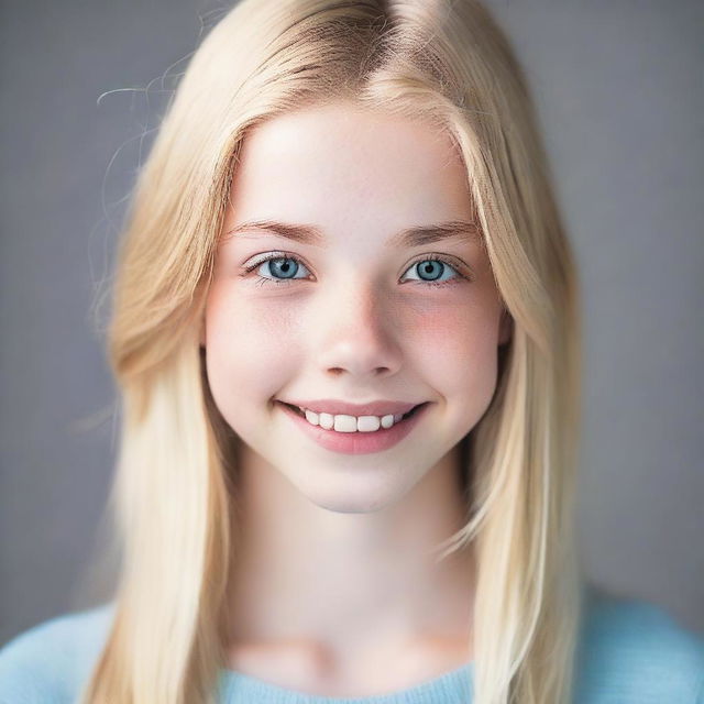 A headshot of a blonde teenager with a friendly expression