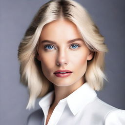 A headshot of a blonde fashion model with an elegant and confident expression