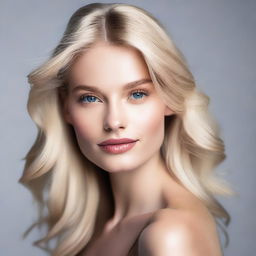 A headshot of a blonde fashion model with an elegant and confident expression