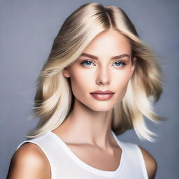 A headshot of a blonde fashion model with an elegant and confident expression