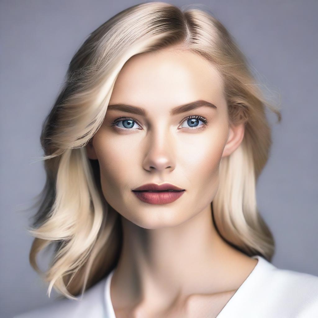 A headshot of a blonde fashion model with an elegant and confident expression