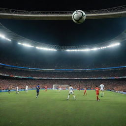 A thrilling football match between two teams, the ball mid-air in an exciting moment, with crowded stands filled with cheering fans under dazzling floodlights.