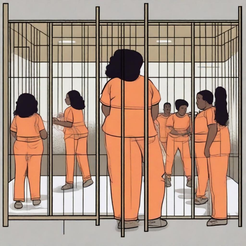 A scene inspired by the television show 'Orange is the New Black,' featuring characters in a prison setting with orange jumpsuits