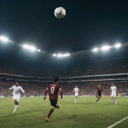 A thrilling football match between two teams, the ball mid-air in an exciting moment, with crowded stands filled with cheering fans under dazzling floodlights.