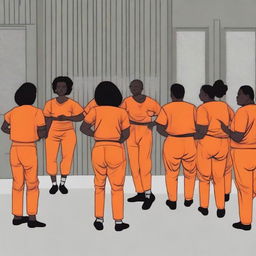 A scene inspired by the television show 'Orange is the New Black,' featuring characters in a prison setting with orange jumpsuits