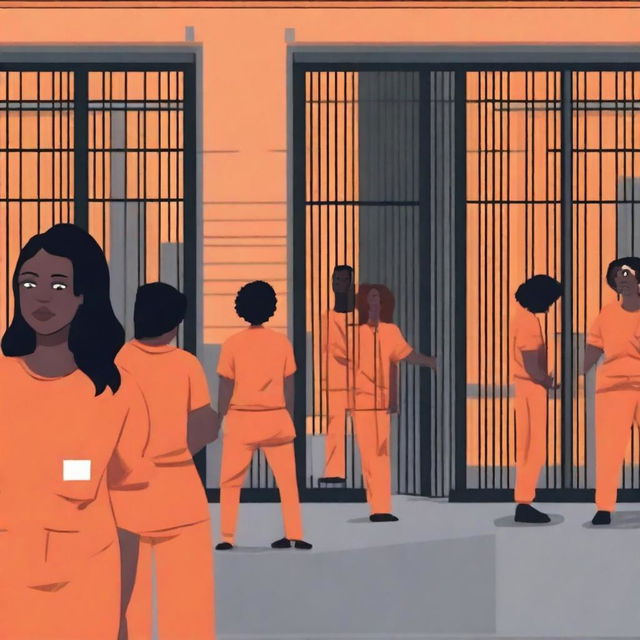 A scene inspired by the television show 'Orange is the New Black,' featuring characters in a prison setting with orange jumpsuits