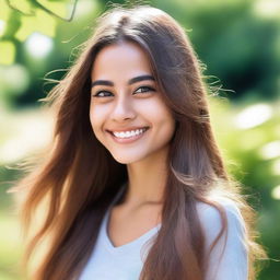 A beautiful girl with long flowing hair, standing in a serene natural setting with a gentle smile on her face