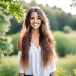 A beautiful girl with long flowing hair, standing in a serene natural setting with a gentle smile on her face