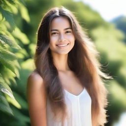 A beautiful girl with long flowing hair, standing in a serene natural setting with a gentle smile on her face