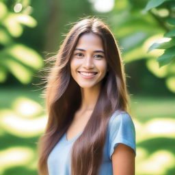 A beautiful girl with long flowing hair, standing in a serene natural setting with a gentle smile on her face