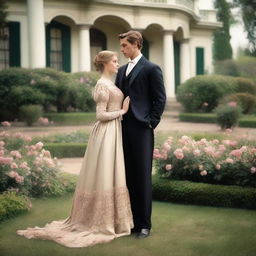 An elegant period romance scene set in the 19th century