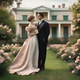 An elegant period romance scene set in the 19th century