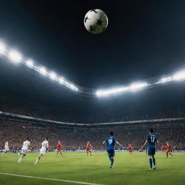 A thrilling football match between two teams, the ball mid-air in an exciting moment, with crowded stands filled with cheering fans under dazzling floodlights.