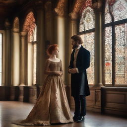 A period romance scene featuring a young red-haired woman, around 18 years old, and a man with black hair and a beard