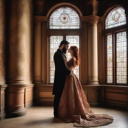 A period romance scene featuring a young red-haired woman, around 18 years old, and a man with black hair and a beard