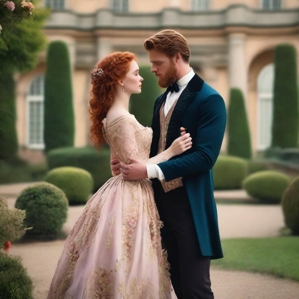 A period romance scene featuring a young red-haired woman, around 18 years old, and a man with dark hair and a beard