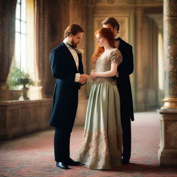 A period romance scene featuring a young red-haired woman, around 18 years old, and a man with dark hair and a beard