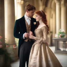 A period romance scene featuring a young red-haired woman, around 18 years old, and a man with dark hair and a beard