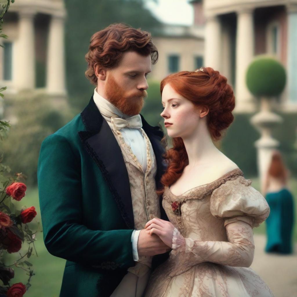 A period romance scene featuring a young red-haired woman, around 18 years old, and a man with dark hair and a beard