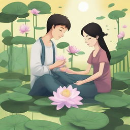 Illustrate a scene from the story of twelve teenagers chosen to be called Lotuses