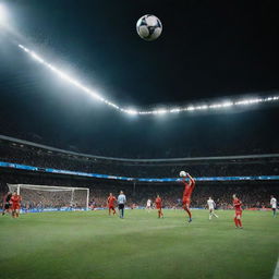 A thrilling football match between two teams, the ball mid-air in an exciting moment, with crowded stands filled with cheering fans under dazzling floodlights.