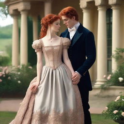 A period romance scene featuring a young red-haired woman, around 18 years old, and a man with black hair