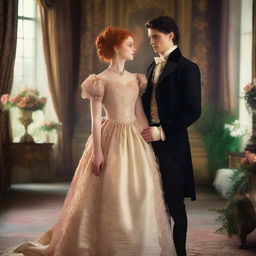 A period romance scene featuring a young red-haired woman, around 18 years old, and a man with black hair