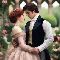 A period romance scene featuring a young red-haired woman, around 18 years old, and a man around 30 years old with black hair