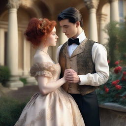 A period romance scene featuring a young red-haired woman, around 18 years old, and a man around 30 years old with black hair