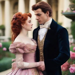 A period romance scene featuring a young red-haired woman, around 18 years old, and a man around 30 years old with black hair