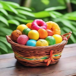 A beautifully crafted basket filled with traditional Brazilian sweets known as 'dona de maricota'