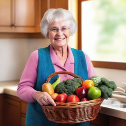 An elderly grandmother holding a basket filled with fresh fruits and vegetables