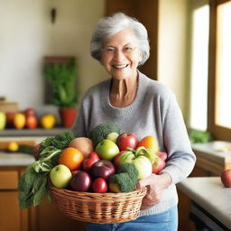 An elderly grandmother holding a basket filled with fresh fruits and vegetables