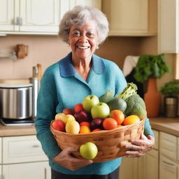 An elderly grandmother holding a basket filled with fresh fruits and vegetables