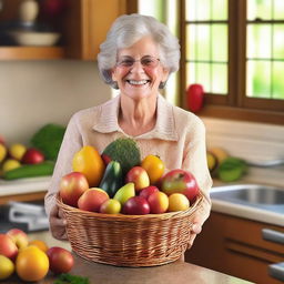 An elderly grandmother holding a basket filled with fresh fruits and vegetables