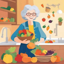 A charming, cartoon-style illustration of an elderly grandmother holding a basket filled with fresh fruits and vegetables