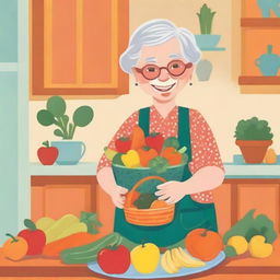 A charming, cartoon-style illustration of an elderly grandmother holding a basket filled with fresh fruits and vegetables