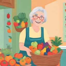 A charming, cartoon-style illustration of an elderly grandmother holding a basket filled with fresh fruits and vegetables