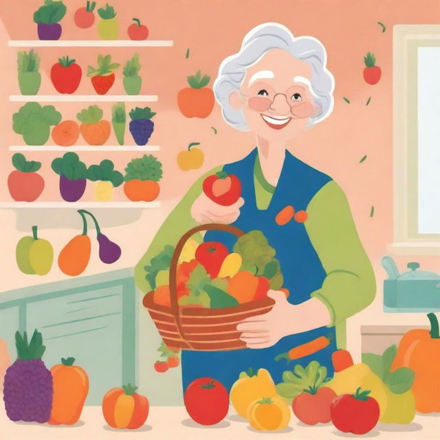 A charming, cartoon-style illustration of an elderly grandmother holding a basket filled with fresh fruits and vegetables