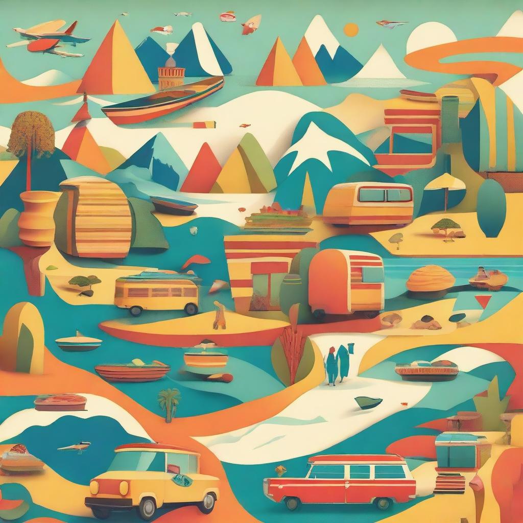 A vibrant and dynamic scene featuring elements of travel, food, and adventure