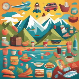 A vibrant and dynamic scene featuring elements of travel, food, and adventure