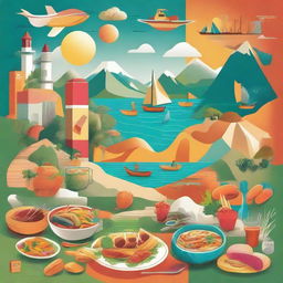 A vibrant and dynamic scene featuring elements of travel, food, and adventure