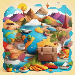 A vibrant and dynamic scene featuring elements of travel, food, and adventure