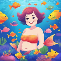 A chubby mermaid with short hair, swimming gracefully in a vibrant underwater scene filled with colorful coral reefs and various sea creatures