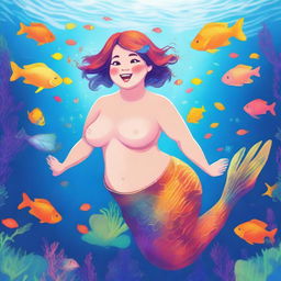 A chubby mermaid with short hair, swimming gracefully in a vibrant underwater scene filled with colorful coral reefs and various sea creatures