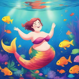 A chubby mermaid with short hair, swimming gracefully in a vibrant underwater scene filled with colorful coral reefs and various sea creatures