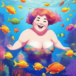 A chubby mermaid with short hair, swimming gracefully in a vibrant underwater scene filled with colorful coral reefs and various sea creatures