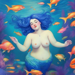 A chubby mermaid with short blue hair, depicted in the style of Pre-Raphaelite art